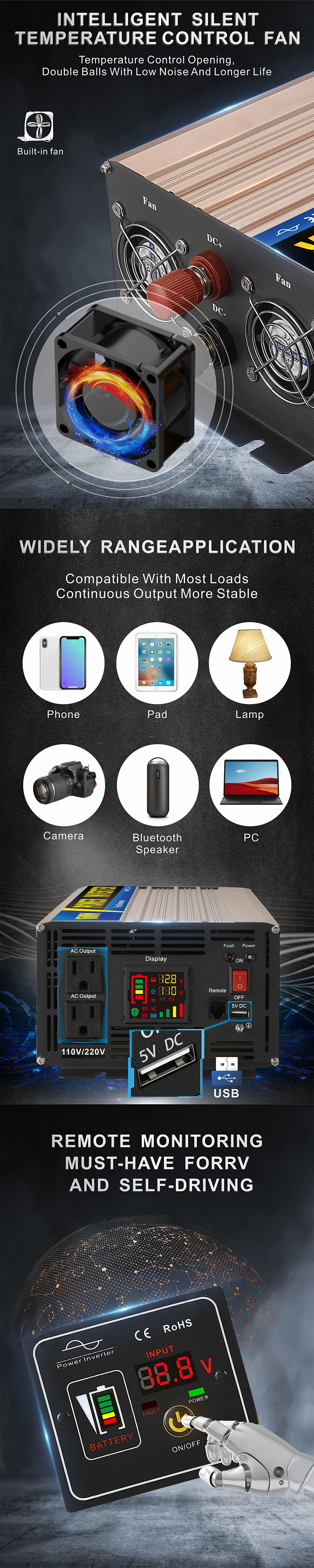 1500 វ៉ាត់ថាមពលអគ្គីសនី 12 វ៉ុល DC ដល់ 110 វ៉ុល AC